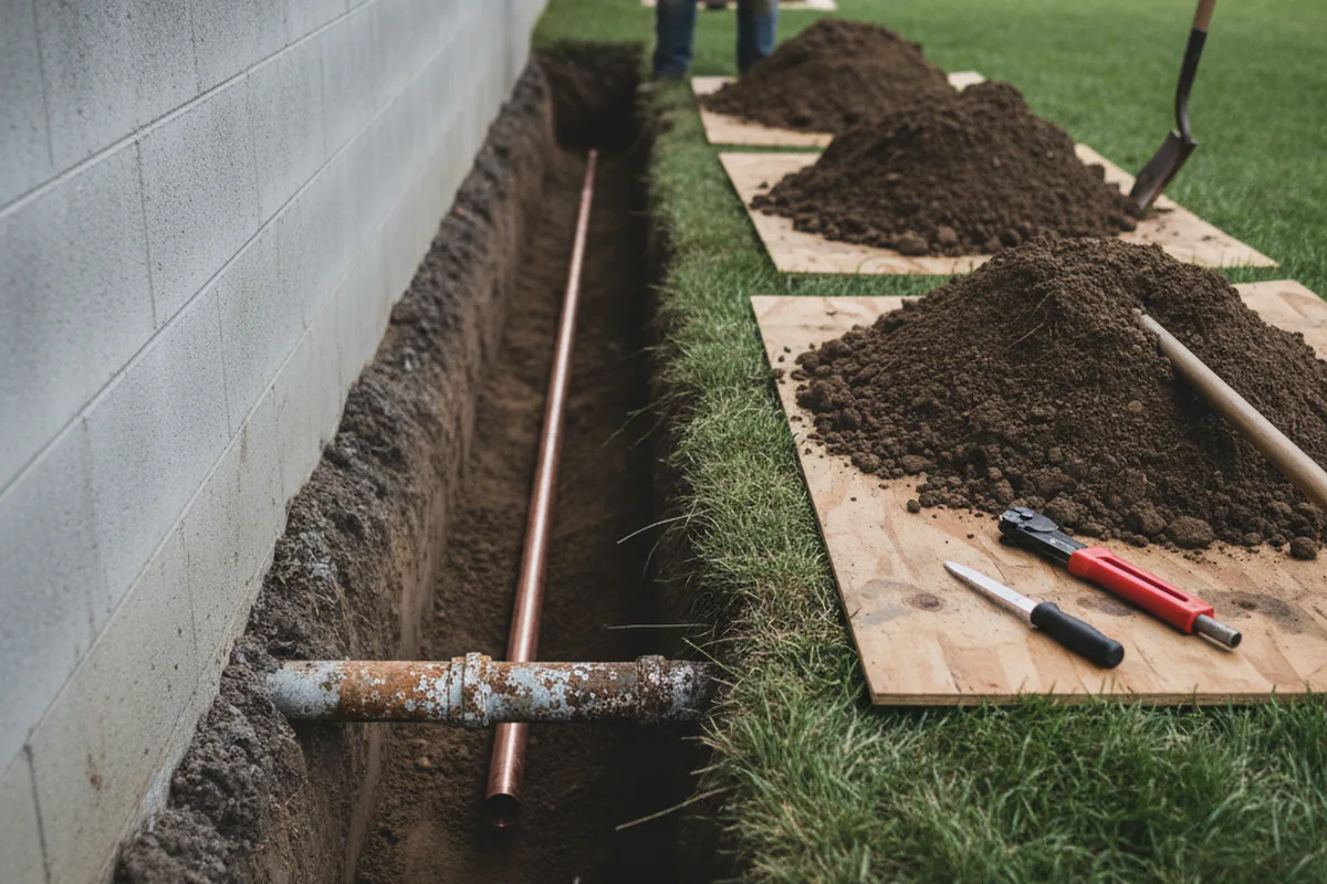 Excavated water line trench during Water Softener Installation in Townsend